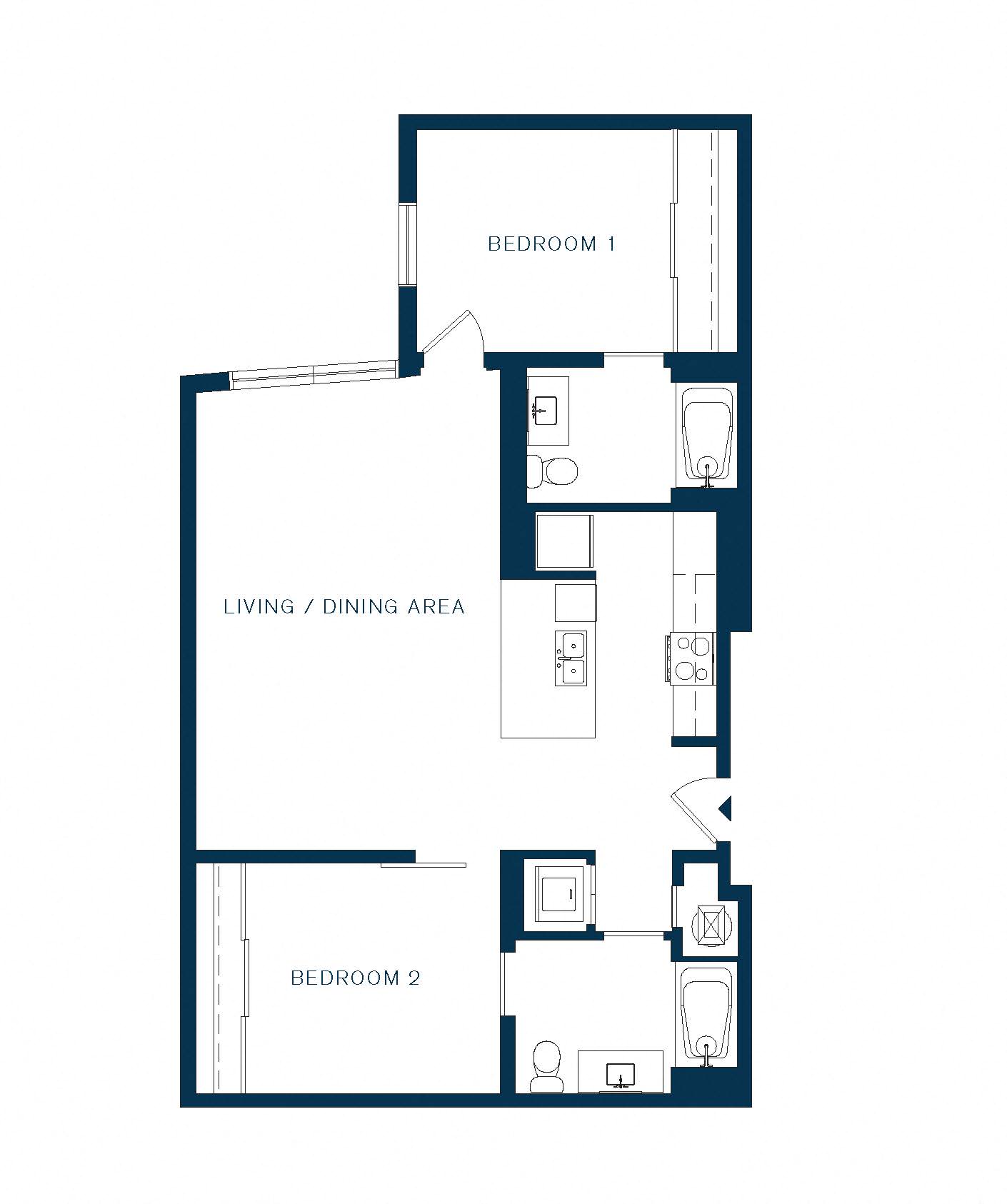 Floor plan for 2 beds, 2 baths, 1032 sqft